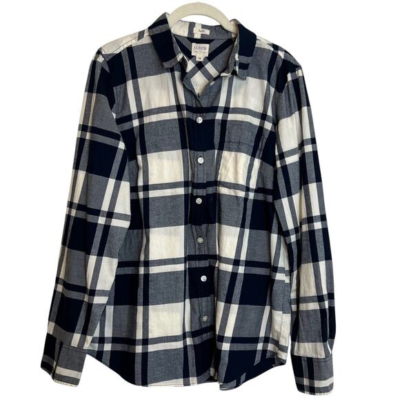 J. Crew Factory Tops - J Crew Factory Womens Boy Fit Shirt Medium Blue Plaid Lightweight Flannel Button